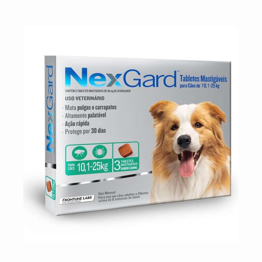 Nexgard 10 a 25 kg 3 comprimidos elimina pulgas, garrapatas y ácaros con acción rápida y sabor a carne. Protección eficaz por 30 días en un solo comprimido.