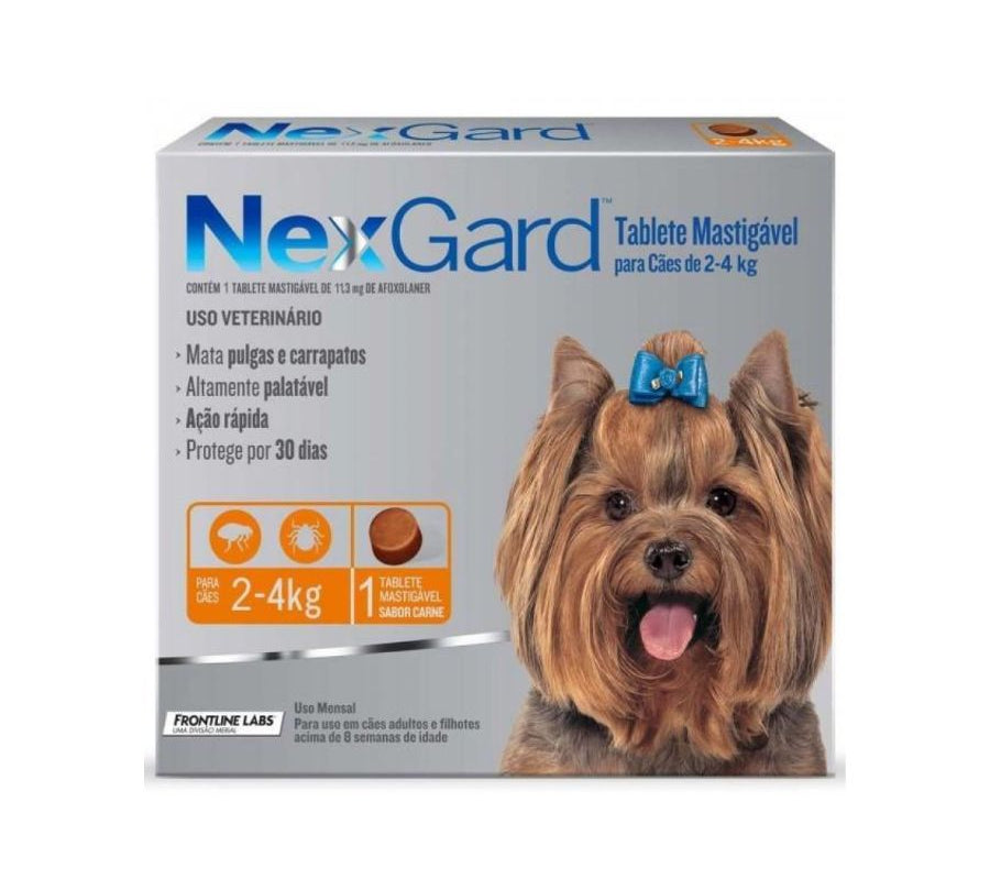 Nexgard 2 a 4 kg  elimina pulgas, garrapatas y ácaros con acción rápida y sabor a carne. Protección eficaz por 30 días en un solo comprimido.