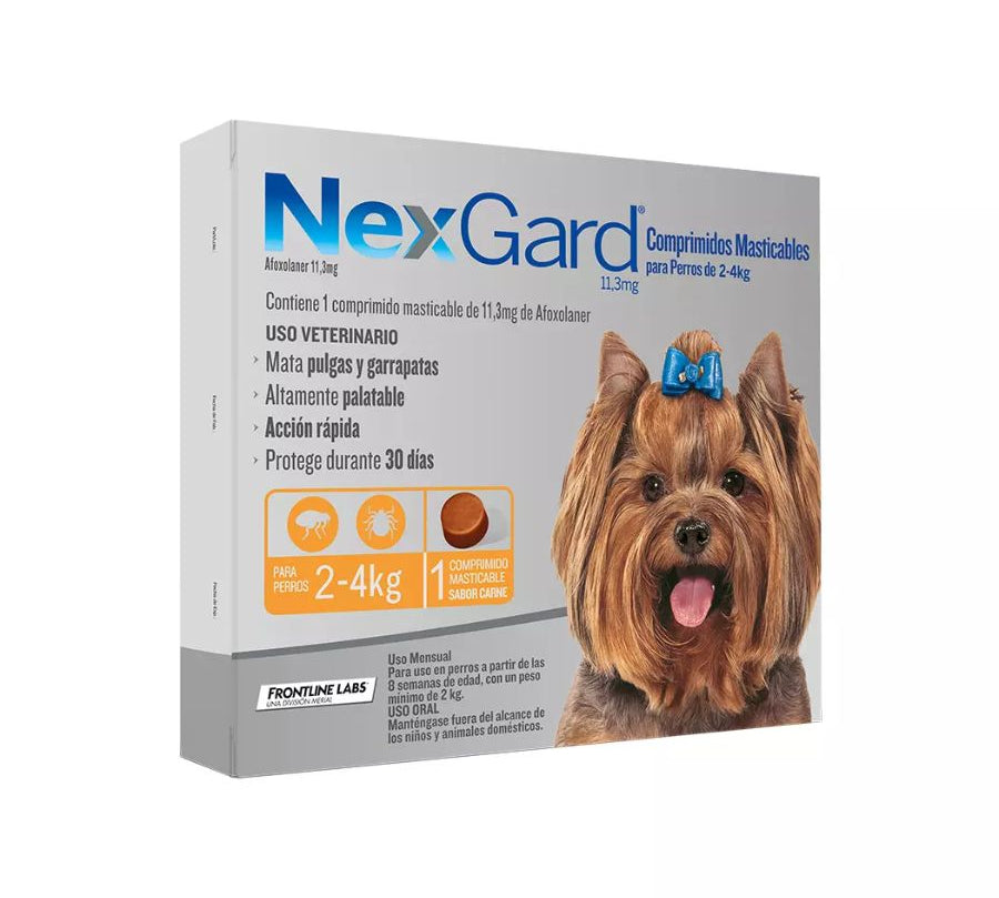 Nexgard 2 a 4 kg  elimina pulgas, garrapatas y ácaros con acción rápida y sabor a carne. Protección eficaz por 30 días en un solo comprimido.