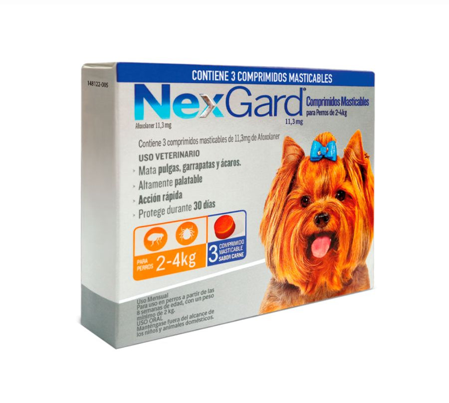 Nexgard 2 a 4 kg 3 comprimidos elimina pulgas, garrapatas y ácaros con acción rápida y sabor a carne. Protección eficaz por 30 días en un solo comprimido.
