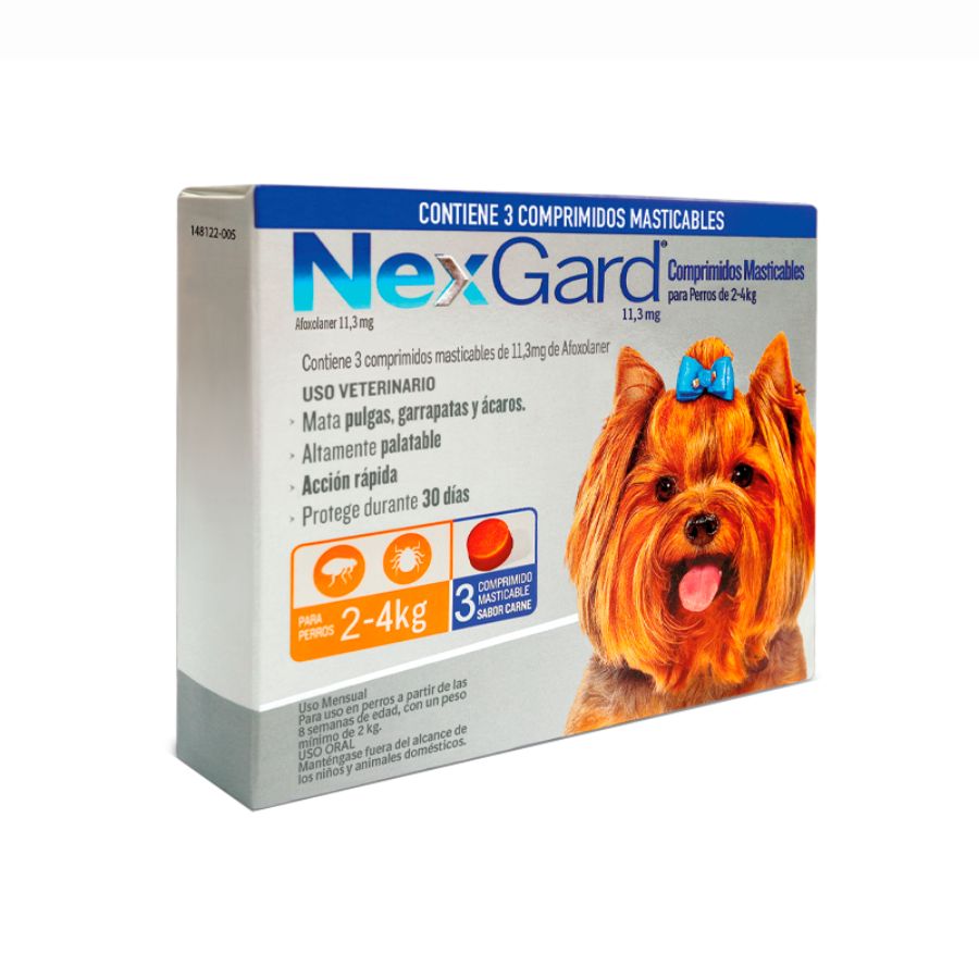 Nexgard 2 a 4 kg 3 comprimidos elimina pulgas, garrapatas y ácaros con acción rápida y sabor a carne. Protección eficaz por 30 días en un solo comprimido.