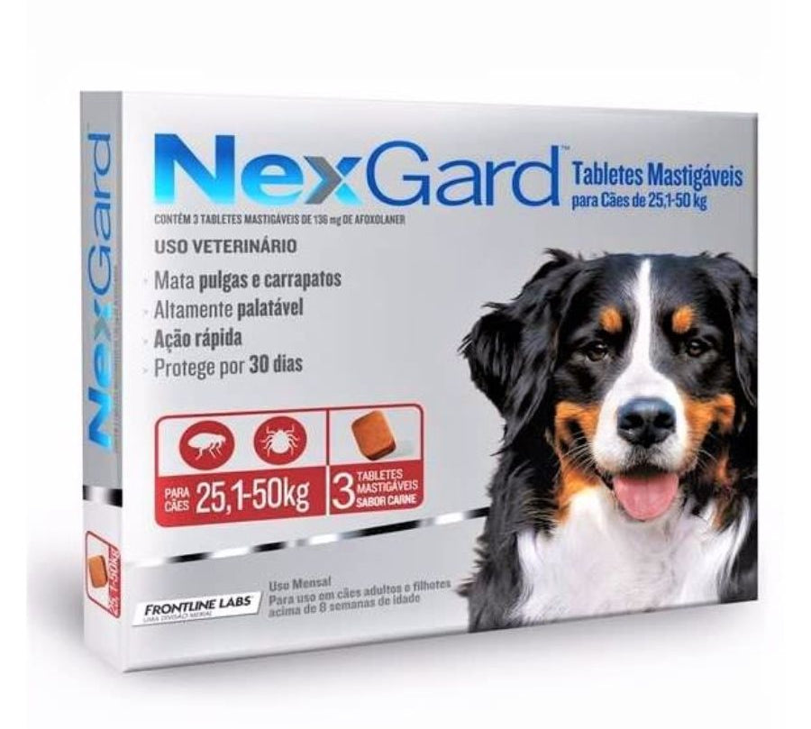 Nexgard 25 a 50 kg  elimina pulgas, garrapatas y ácaros con acción rápida y sabor a carne. Protección eficaz por 30 días en un solo comprimido. B-Pets