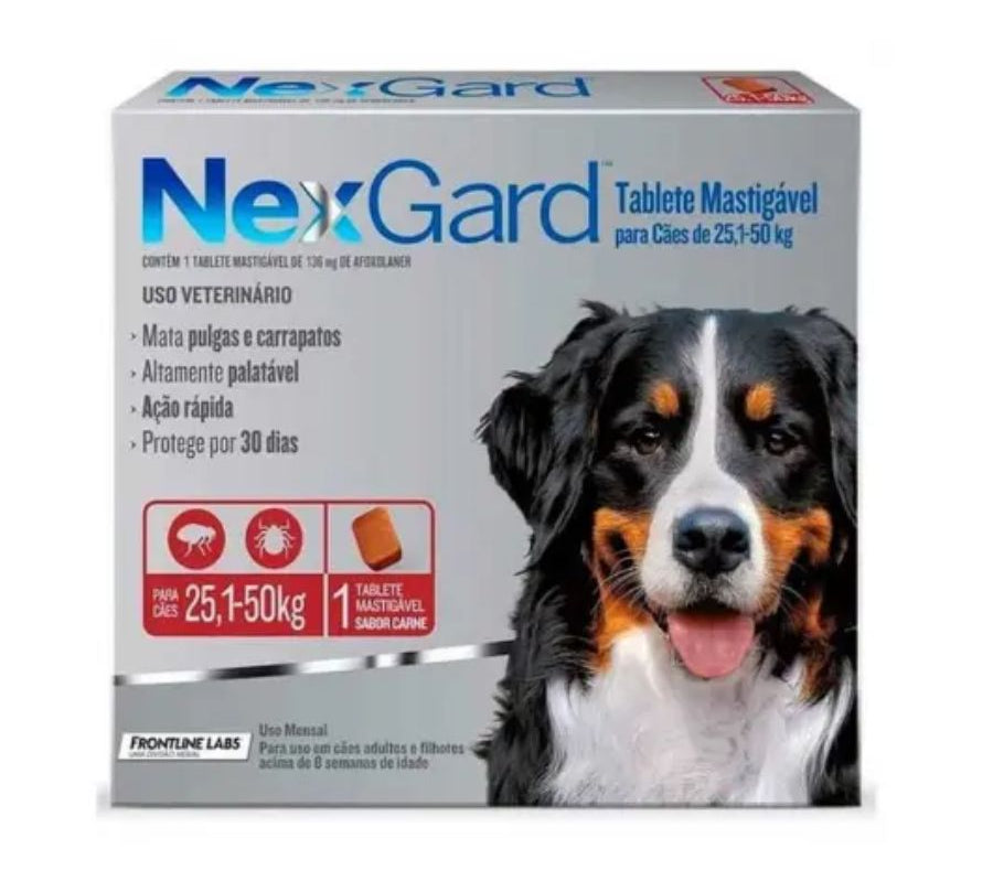 Nexgard 25 a 50 kg  elimina pulgas, garrapatas y ácaros con acción rápida y sabor a carne. Protección eficaz por 30 días en un solo comprimido.