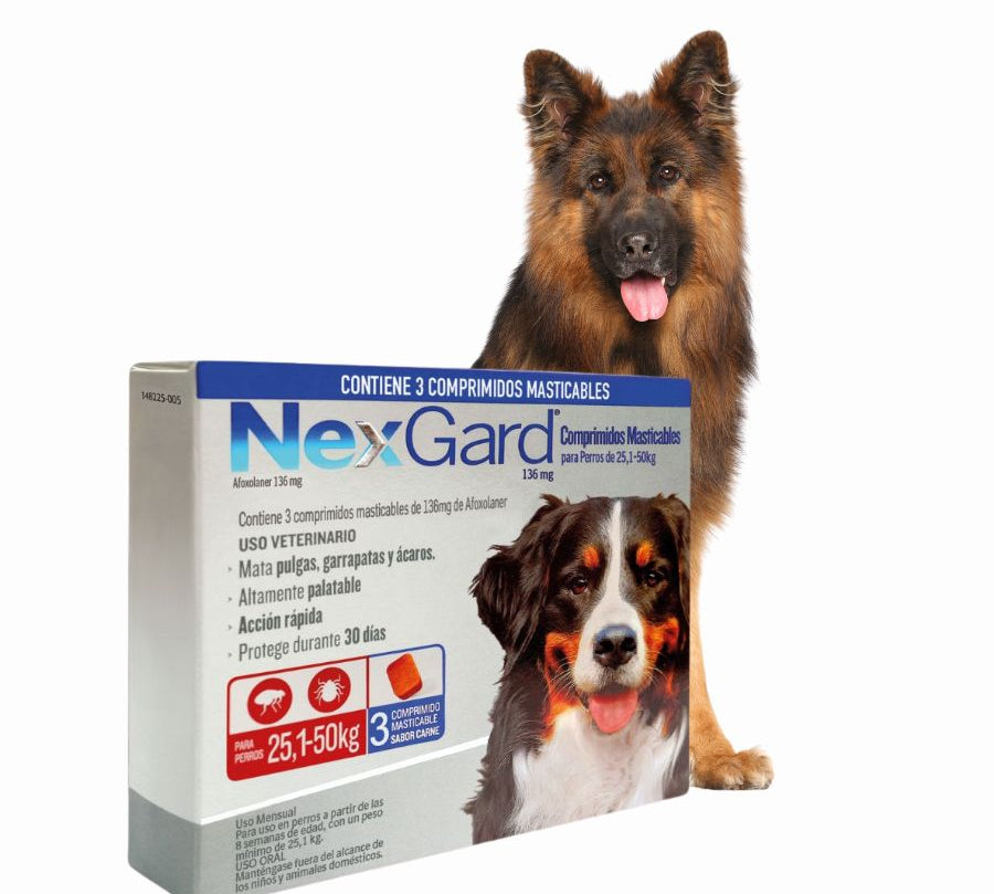 Nexgard 25 a 50 kg 3 comprimidos elimina pulgas, garrapatas y ácaros con acción rápida y sabor a carne. Protección eficaz por 30 días en un solo comprimido.