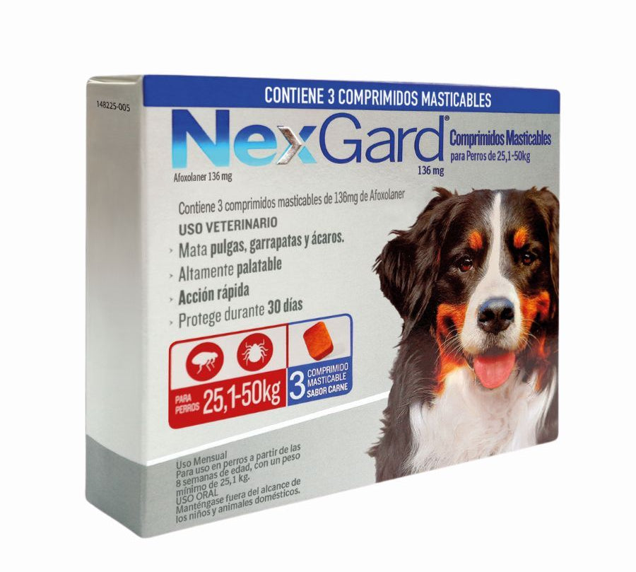 Nexgard 25 a 50 kg 3 comprimidos elimina pulgas, garrapatas y ácaros con acción rápida y sabor a carne. Protección eficaz por 30 días en un solo comprimido.
