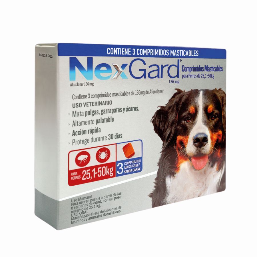 Nexgard 25 a 50 kg 3 comprimidos elimina pulgas, garrapatas y ácaros con acción rápida y sabor a carne. Protección eficaz por 30 días en un solo comprimido.