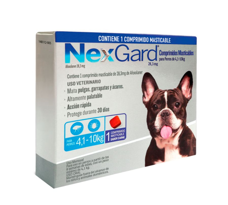 Nexgard 4 a 10 kg  elimina pulgas, garrapatas y ácaros con acción rápida y sabor a carne. Protección eficaz por 30 días en un solo comprimido. B-Pets