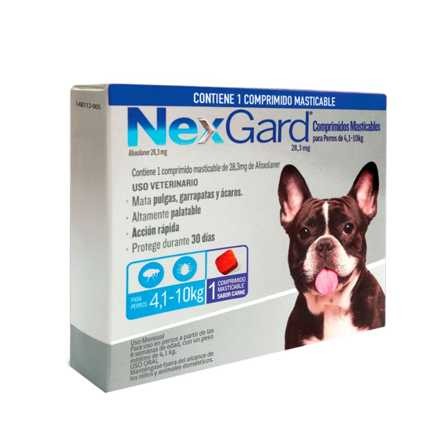 Nexgard 4 a 10 kg  elimina pulgas, garrapatas y ácaros con acción rápida y sabor a carne. Protección eficaz por 30 días en un solo comprimido. B-Pets