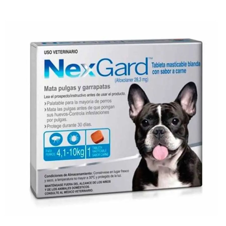 Nexgard 4 a 10 kg  elimina pulgas, garrapatas y ácaros con acción rápida y sabor a carne. Protección eficaz por 30 días en un solo comprimido. B-Pets