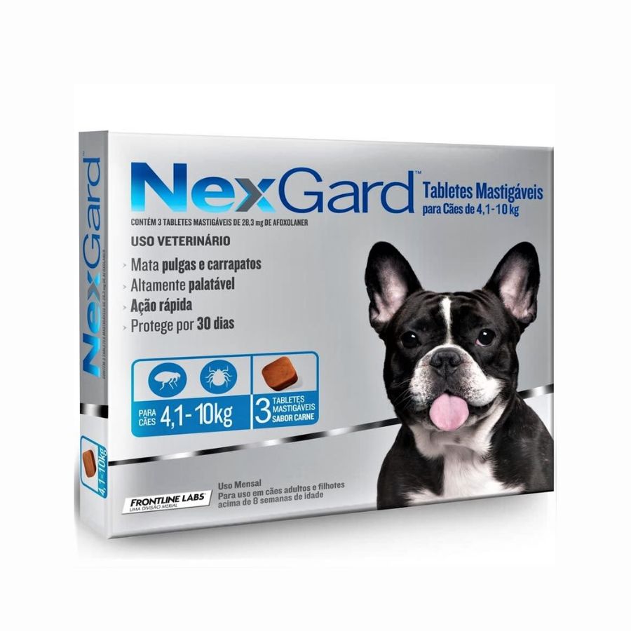 Nexgard 4 a 10 kg 3 comprimidos elimina pulgas, garrapatas y ácaros con acción rápida y sabor a carne. Protección eficaz por 30 días en un solo comprimido.