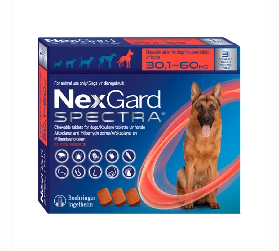 Nexgard Spectra 30.1 a 60 kg 3 comprimido, antiparasitario masticable con sabor a carne que protege contra pulgas, garrapatas y parásitos internos por 1 mes.