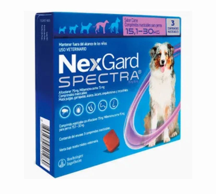Nexgard Spectra 15.1 a 30 kg 3 comprimidos, antiparasitario masticable con sabor a carne que protege contra pulgas, garrapatas y parásitos internos por 1 mes.