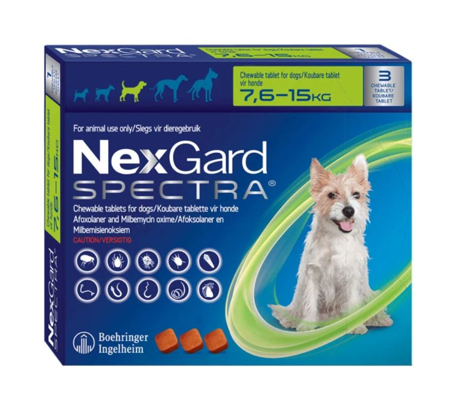 Nexgard Spectra 7.6 a 15 kg 3 compridmidos, antiparasitario masticable con sabor a carne que protege contra pulgas, garrapatas y parásitos internos por 1 mes.