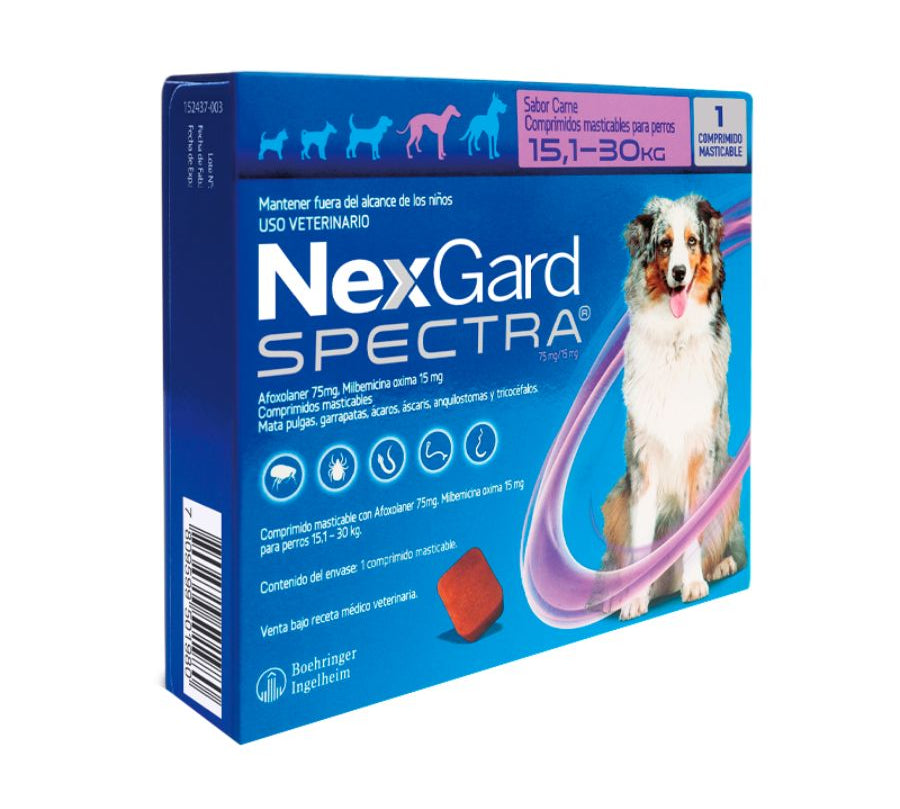 Nexgard Spectra 15.1 a 30 kg, antiparasitario masticable con sabor a carne que protege contra pulgas, garrapatas y parásitos internos por 1 mes. B-Pets