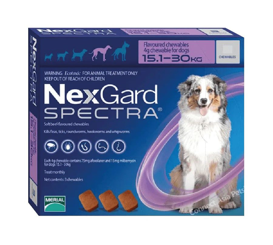 Nexgard Spectra 15.1 a 30 kg, antiparasitario masticable con sabor a carne que protege contra pulgas, garrapatas y parásitos internos por 1 mes. B-Pets