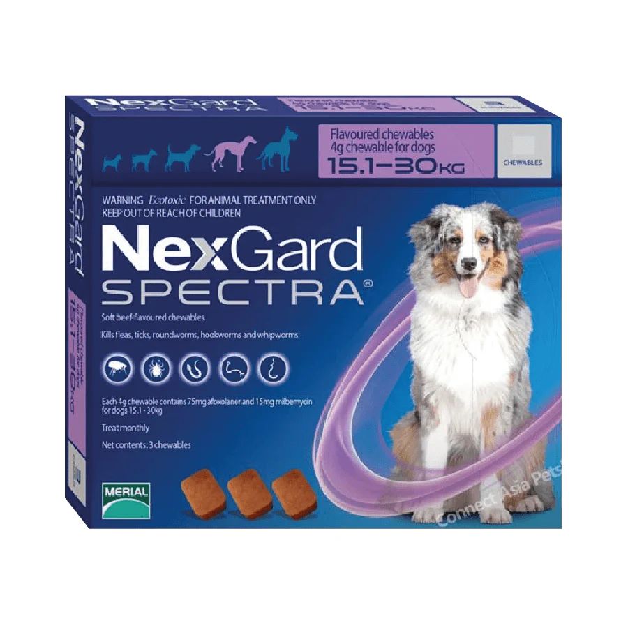 Nexgard Spectra 15.1 a 30 kg, antiparasitario masticable con sabor a carne que protege contra pulgas, garrapatas y parásitos internos por 1 mes. B-Pets