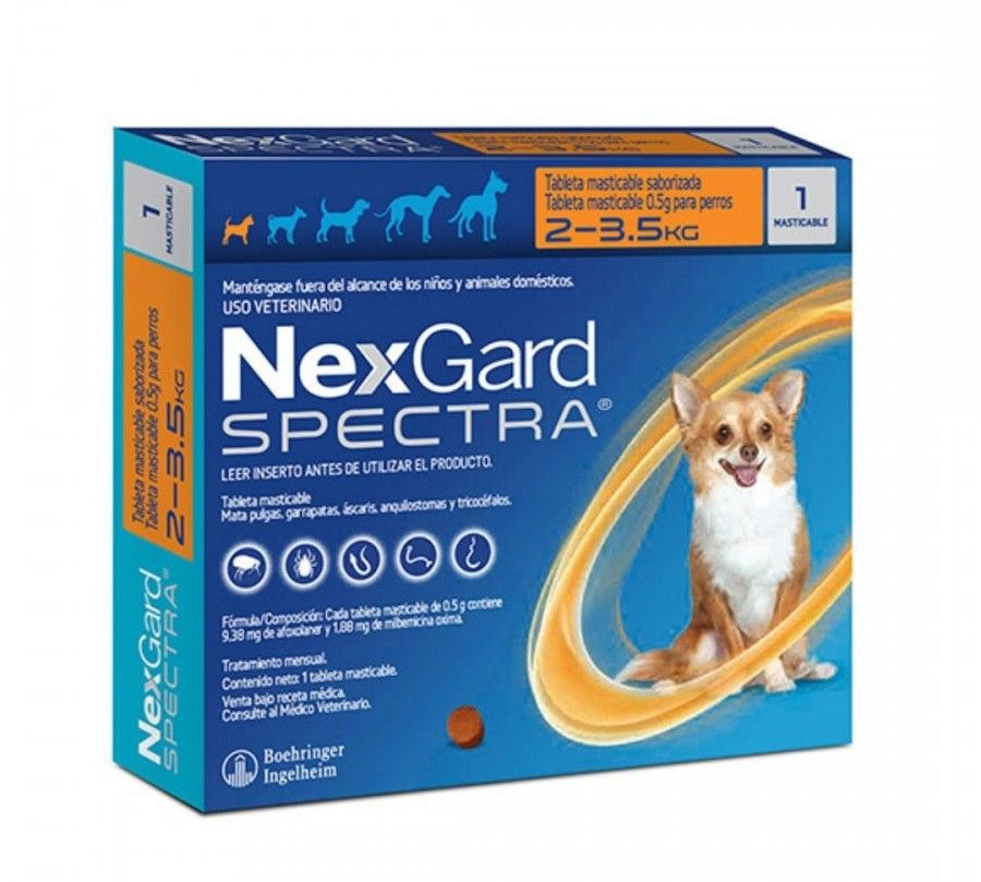 Nexgard Spectra 2 a 3.5 kg, antiparasitario masticable con sabor a carne que protege contra pulgas, garrapatas y parásitos internos por 1 mes. B-Pets