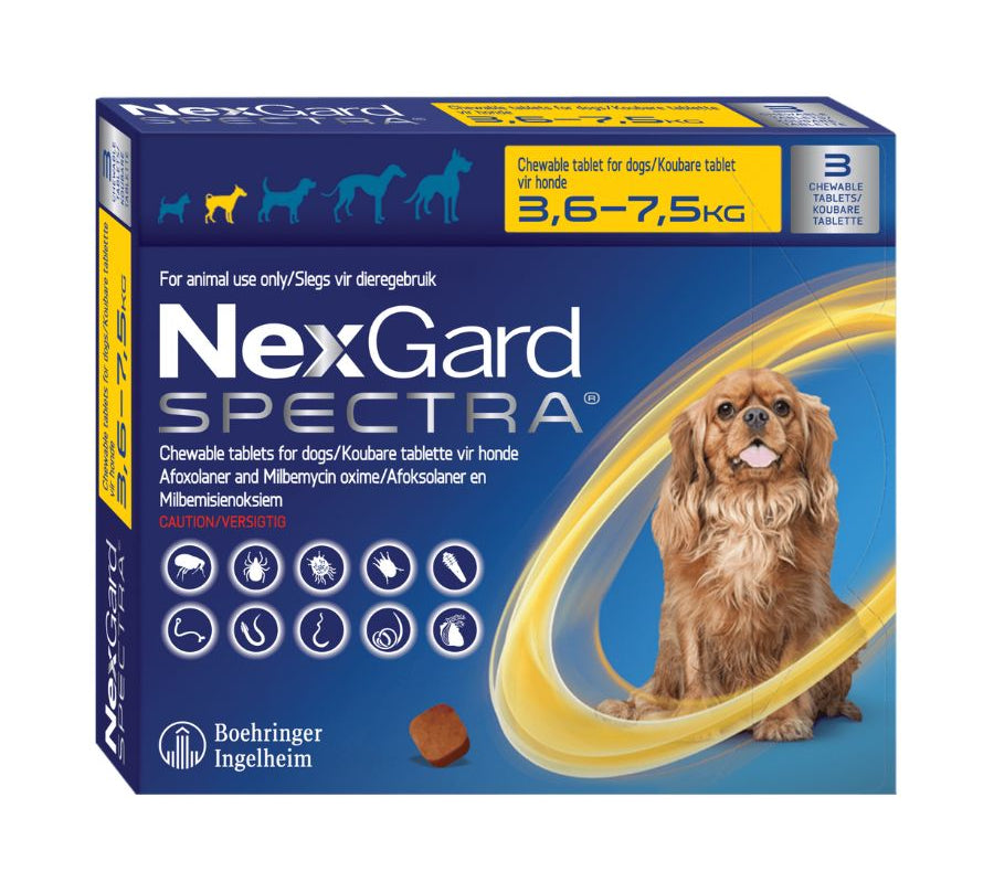 Nexgard Spectra 3.6 a 7.5 kg, antiparasitario masticable con sabor a carne que protege contra pulgas, garrapatas y parásitos internos por 1 mes.
