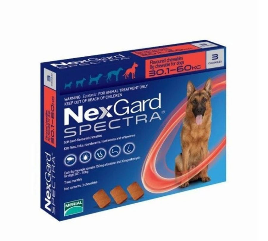 Nexgard Spectra 30.1 a 60 kg, antiparasitario masticable con sabor a carne que protege contra pulgas, garrapatas y parásitos internos por 1 mes.