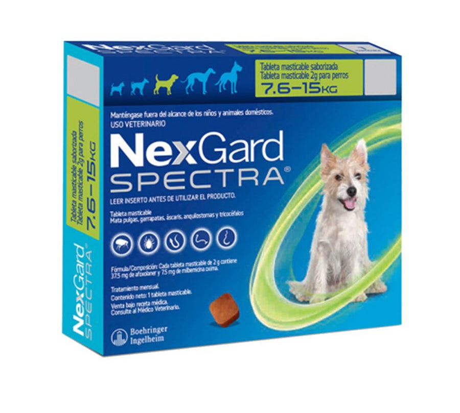 Nexgard Spectra 7.6 a 15 kg, antiparasitario masticable con sabor a carne que protege contra pulgas, garrapatas y parásitos internos por 1 mes. B-Pets