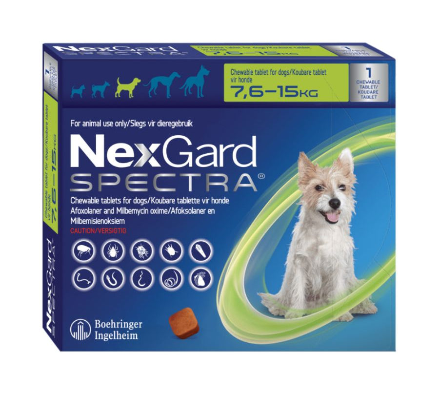 Nexgard Spectra 7.6 a 15 kg, antiparasitario masticable con sabor a carne que protege contra pulgas, garrapatas y parásitos internos por 1 mes. B-Pets