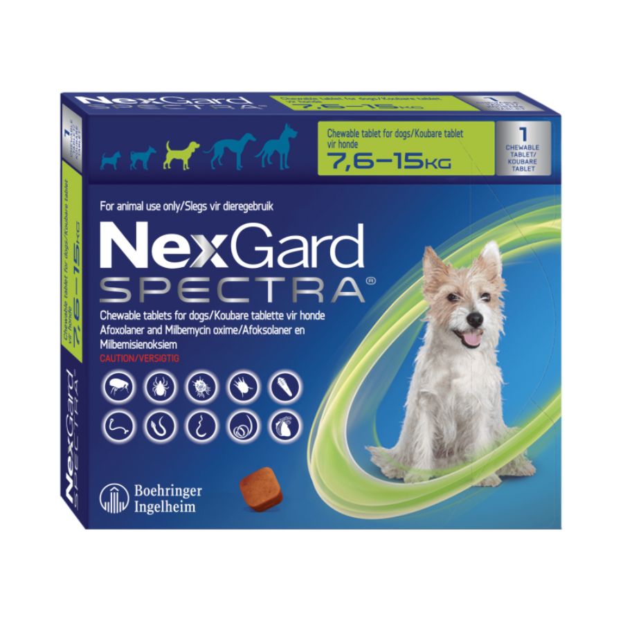 Nexgard Spectra 7.6 a 15 kg, antiparasitario masticable con sabor a carne que protege contra pulgas, garrapatas y parásitos internos por 1 mes. B-Pets