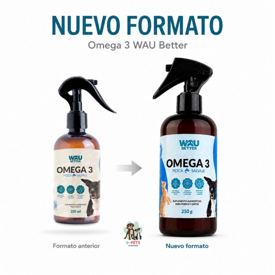Nuevo formato de Wau Better Omega 3: envase anterior de 250 ml junto al nuevo envase de 250 g con bomba tipo gatillo
