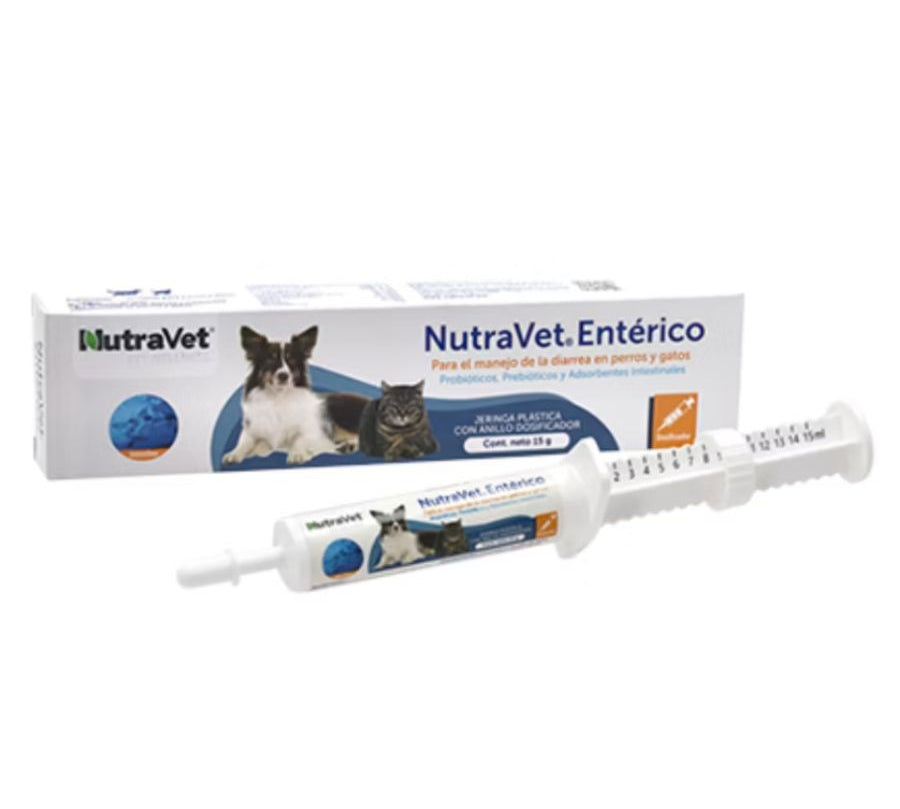 NutraVet Entérico 15g suplemento con probióticos y prebióticos para perros y gatos. Ideal para controlar la diarrea y mejorar la salud digestiva.