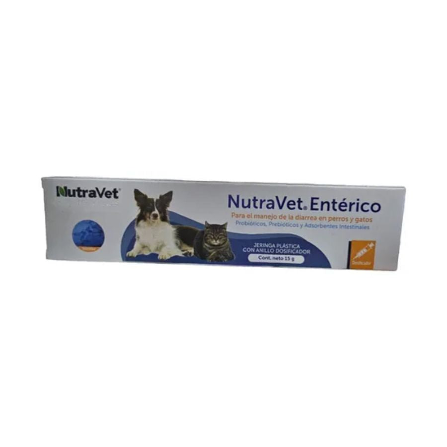 NutraVet Entérico 15g suplemento con probióticos y prebióticos para perros y gatos. Ideal para controlar la diarrea y mejorar la salud digestiva.