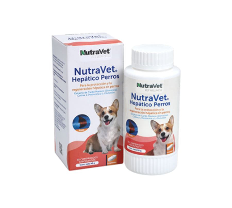 NutraVet Hepático para Perros suplemento con cardo mariano, metionina y antioxidantes. Favorece la salud del hígado y la eliminación natural de toxinas.
