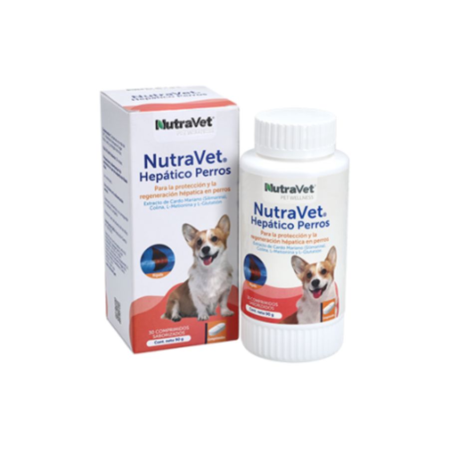 NutraVet Hepático para Perros suplemento con cardo mariano, metionina y antioxidantes. Favorece la salud del hígado y la eliminación natural de toxinas.
