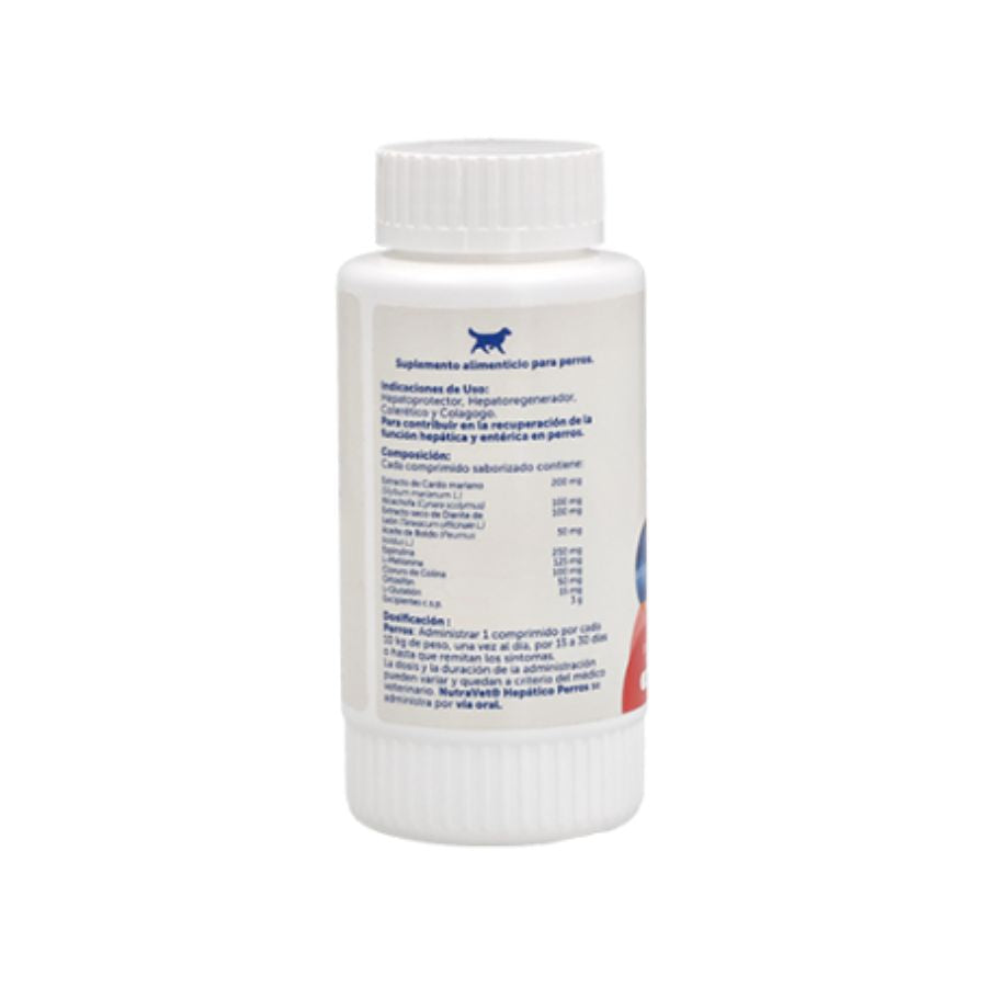 NutraVet Hepático para Perros suplemento con cardo mariano, metionina y antioxidantes. Favorece la salud del hígado y la eliminación natural de toxinas.