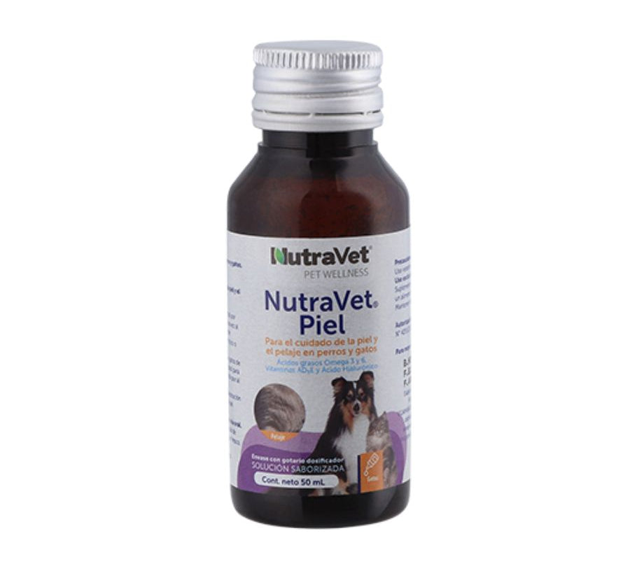 NutraVet Piel 50ml suplemento líquido con omega 3, 6 y vitaminas que mejora la piel, el pelaje y las uñas de tu mascota. Ideal para dermatitis.