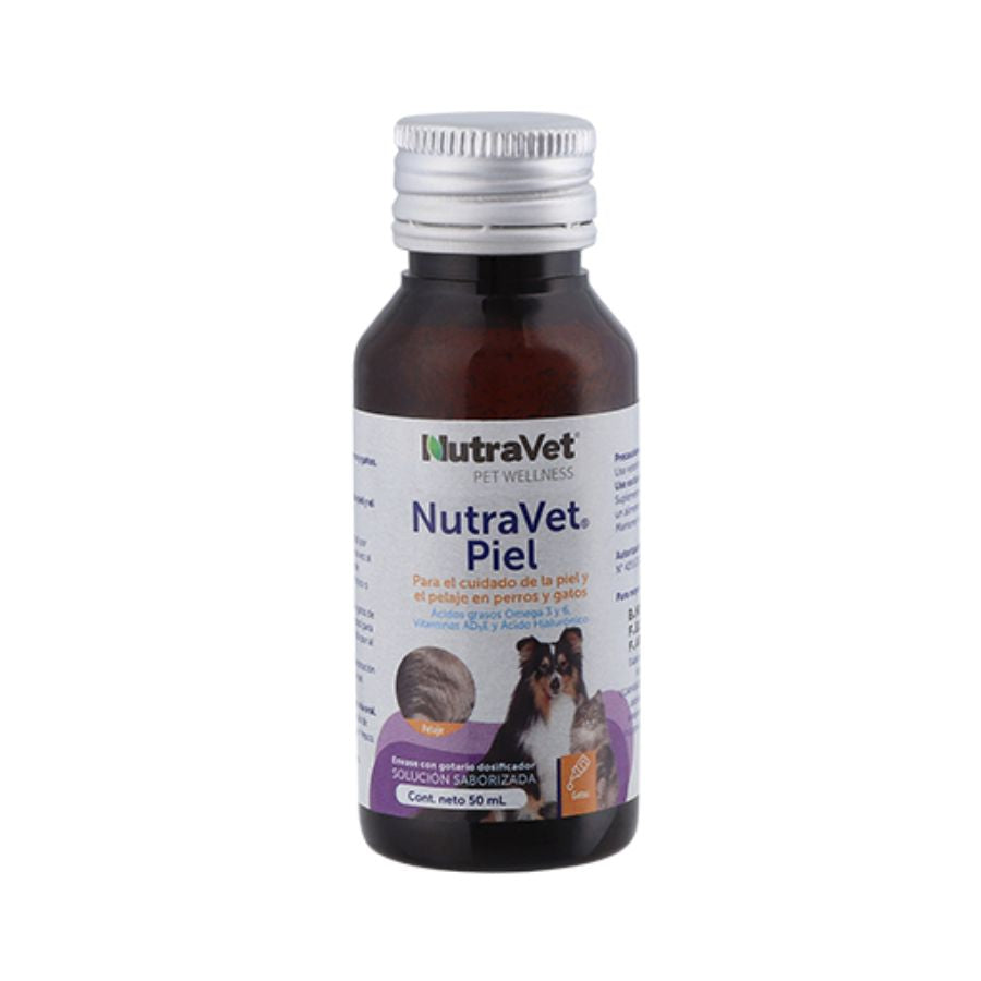 NutraVet Piel 50ml suplemento líquido con omega 3, 6 y vitaminas que mejora la piel, el pelaje y las uñas de tu mascota. Ideal para dermatitis.