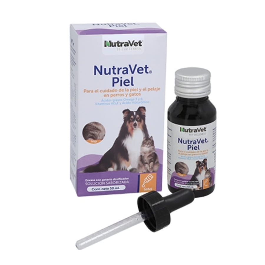 NutraVet Piel 50ml suplemento líquido con omega 3, 6 y vitaminas que mejora la piel, el pelaje y las uñas de tu mascota. Ideal para dermatitis.