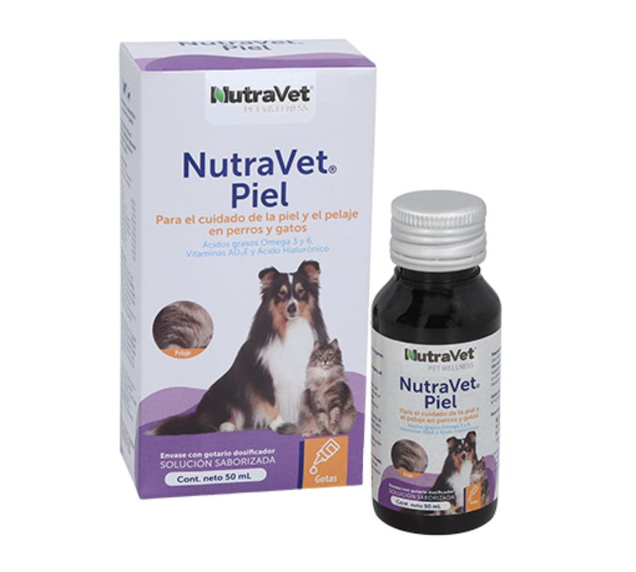 NutraVet Piel 50ml suplemento líquido con omega 3, 6 y vitaminas que mejora la piel, el pelaje y las uñas de tu mascota. Ideal para dermatitis.