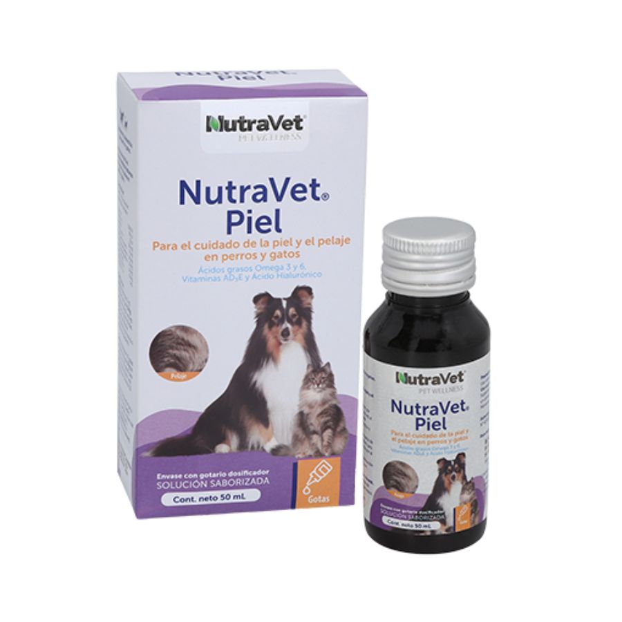 NutraVet Piel 50ml suplemento líquido con omega 3, 6 y vitaminas que mejora la piel, el pelaje y las uñas de tu mascota. Ideal para dermatitis.