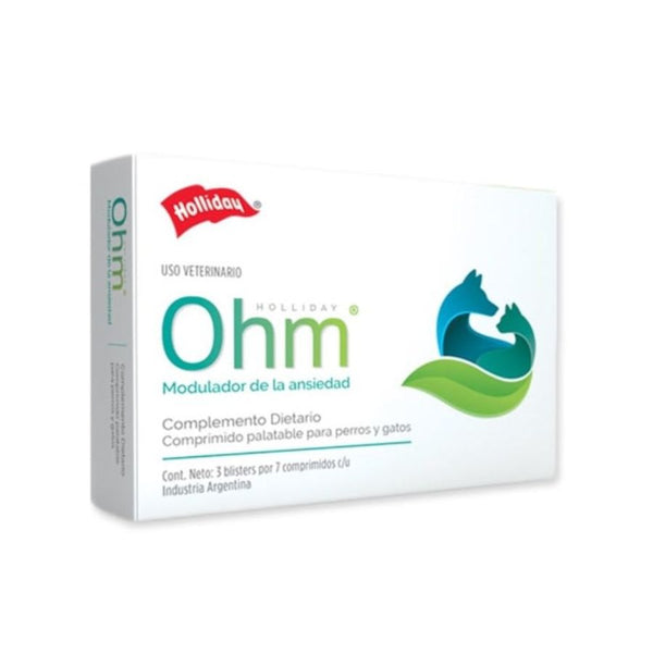 Ohm Modulador De Ansiedad Perros y Gatos 21 Comprimidos.  Fórmula natural con triptófano y valeriana que calma el estrés sin sedantes ni efectos secundarios.