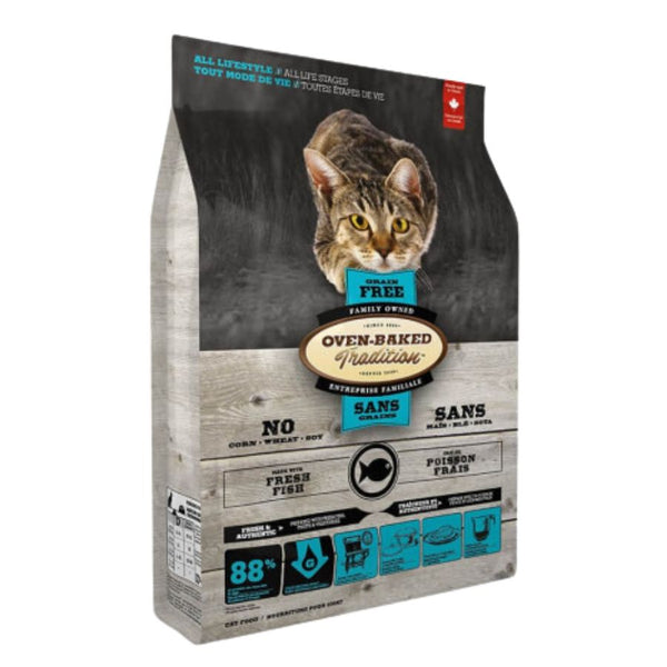 Oven-Baked Grain Free Pescado: Alimento completo para gatos con 88% de proteína de pescado y huevos, sin granos, 3793 kcal/kg.