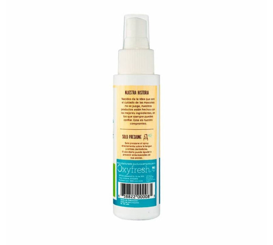Oxyfresh Spray Dental elimina el mal aliento y previene sarro al instante, con fórmula segura e insípida recomendada por veterinarios.
