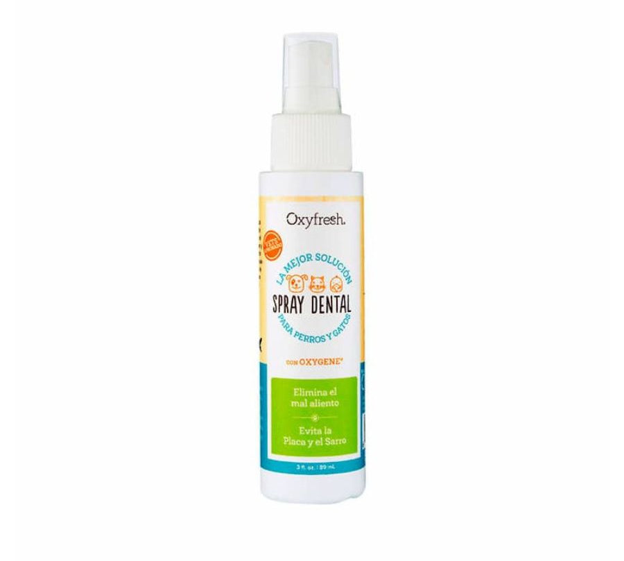 Oxyfresh Spray Dental elimina el mal aliento y previene sarro al instante, con fórmula segura e insípida recomendada por veterinarios.