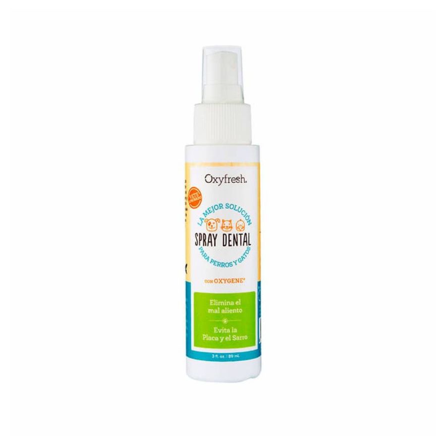 Oxyfresh Spray Dental elimina el mal aliento y previene sarro al instante, con fórmula segura e insípida recomendada por veterinarios.