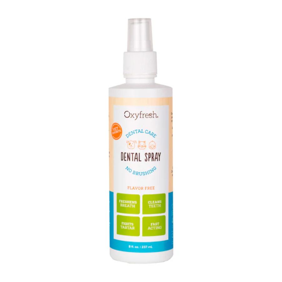 Oxyfresh Spray Dental 237ml elimina el mal aliento y previene sarro al instante, con fórmula segura e insípida recomendada por veterinarios.