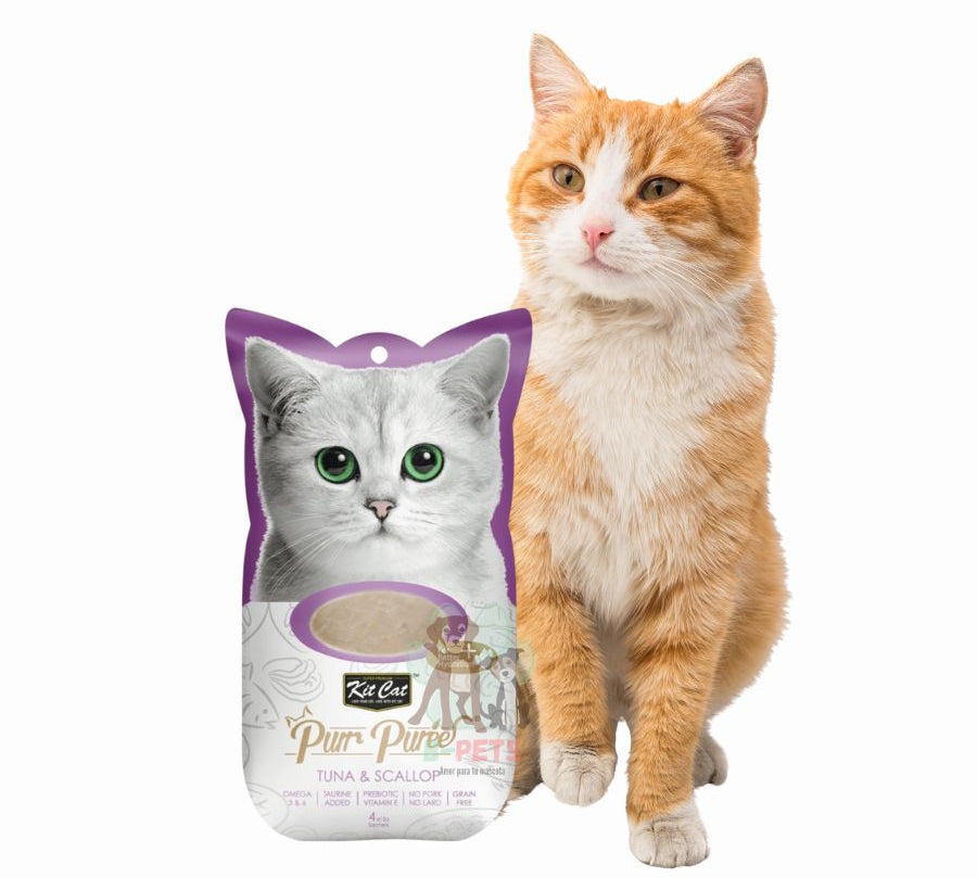 Pack 10x Kit Cat Purr Puree Atún y Ostiones: Snack cremoso para gatos desde 2 meses. Ingredientes naturales con Omega 3 y 6. Ideal para todas las etapas de vida.