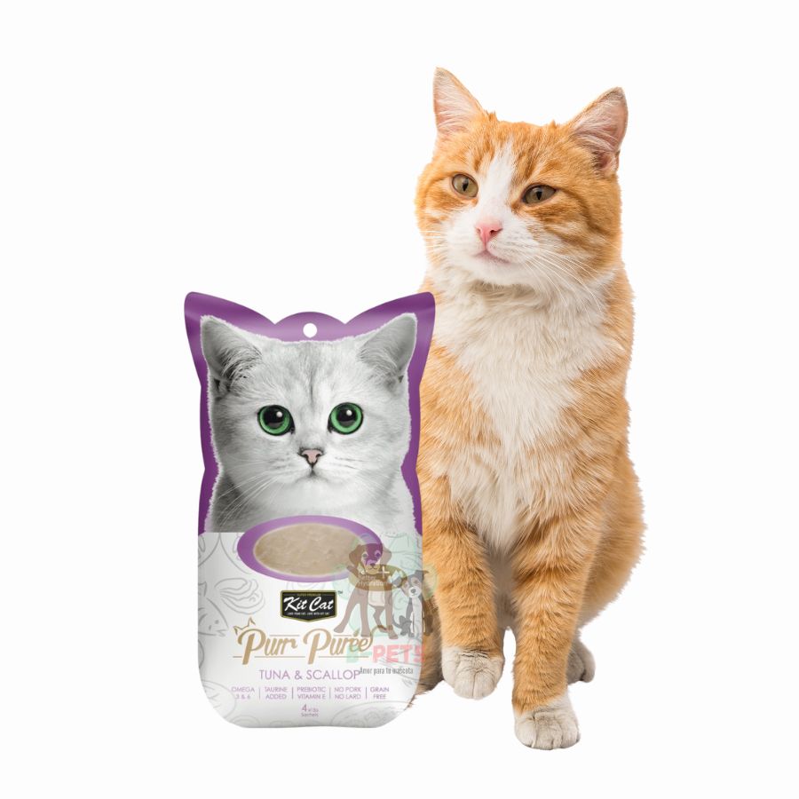 Pack 10x Kit Cat Purr Puree Atún y Ostiones: Snack cremoso para gatos desde 2 meses. Ingredientes naturales con Omega 3 y 6. Ideal para todas las etapas de vida.