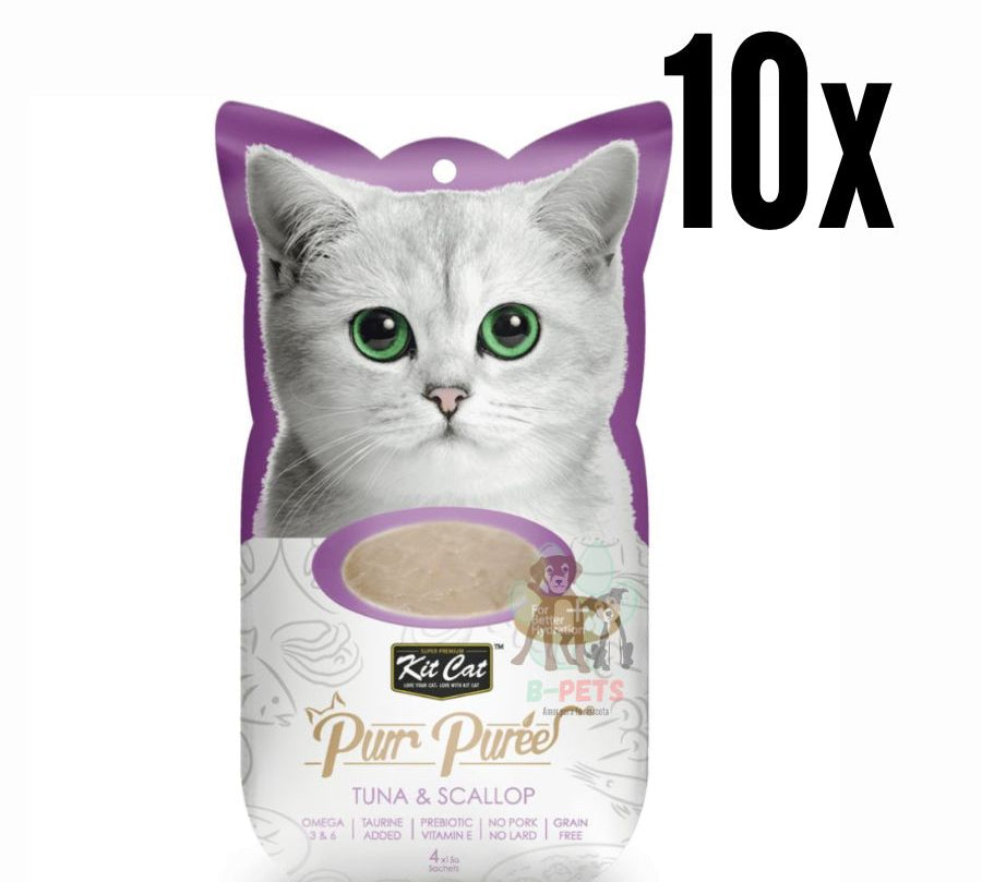 Pack 10x Kit Cat Purr Puree Atún y Ostiones: Snack cremoso para gatos desde 2 meses. Ingredientes naturales con Omega 3 y 6. Ideal para todas las etapas de vida.