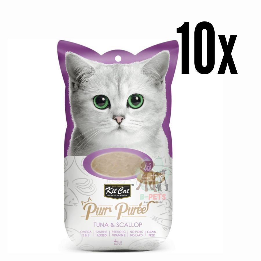 Pack 10x Kit Cat Purr Puree Atún y Ostiones: Snack cremoso para gatos desde 2 meses. Ingredientes naturales con Omega 3 y 6. Ideal para todas las etapas de vida.