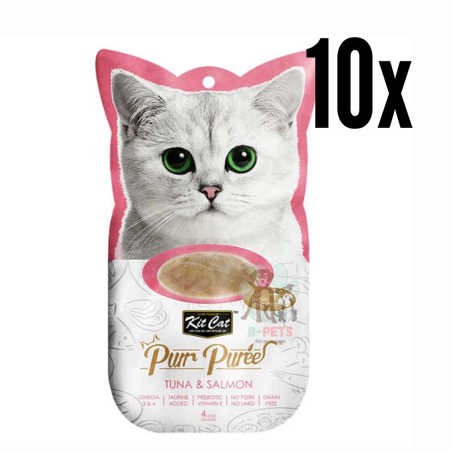 Pack 10x Kit Cat Purr Puree Atún y Salmón: snack 100% natural y cremoso para gatos. Rico en Omega 3 y 6, bajo en calorías y con Taurina y Vitamina E. Ideal para todas las etapas de vida.