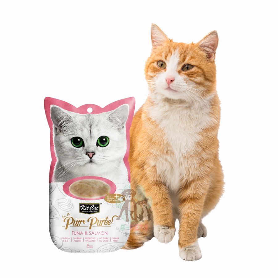 Pack 10x Kit Cat Purr Puree Atún y Salmón: snack 100% natural y cremoso para gatos. Rico en Omega 3 y 6, bajo en calorías y con Taurina y Vitamina E. Ideal para todas las etapas de vida.