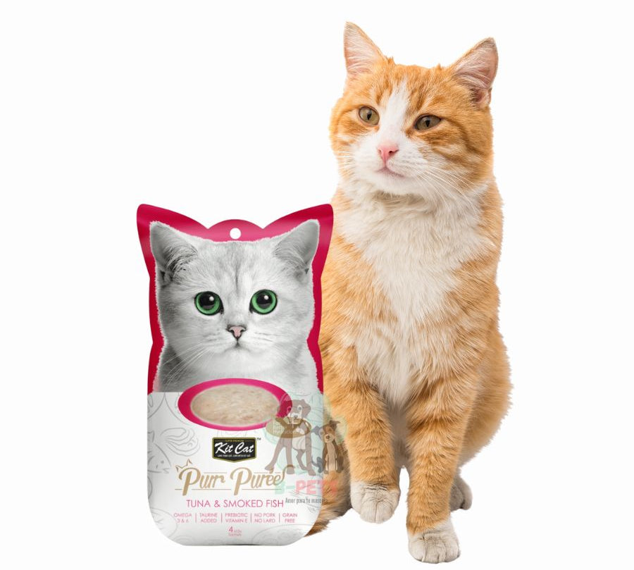 Pack 10x Kit Cat Purr Puree Atún y Pescado Ahumado: Snack cremoso para gatos desde 2 meses. Rico en Omega 3 y 6, natural y sin cereales. Sabroso complemento diario.